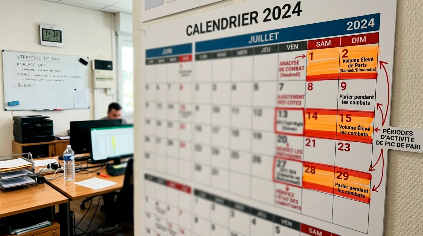 Calendrier avec les pics d'activité de paris marqués autour des événements UFC majeurs