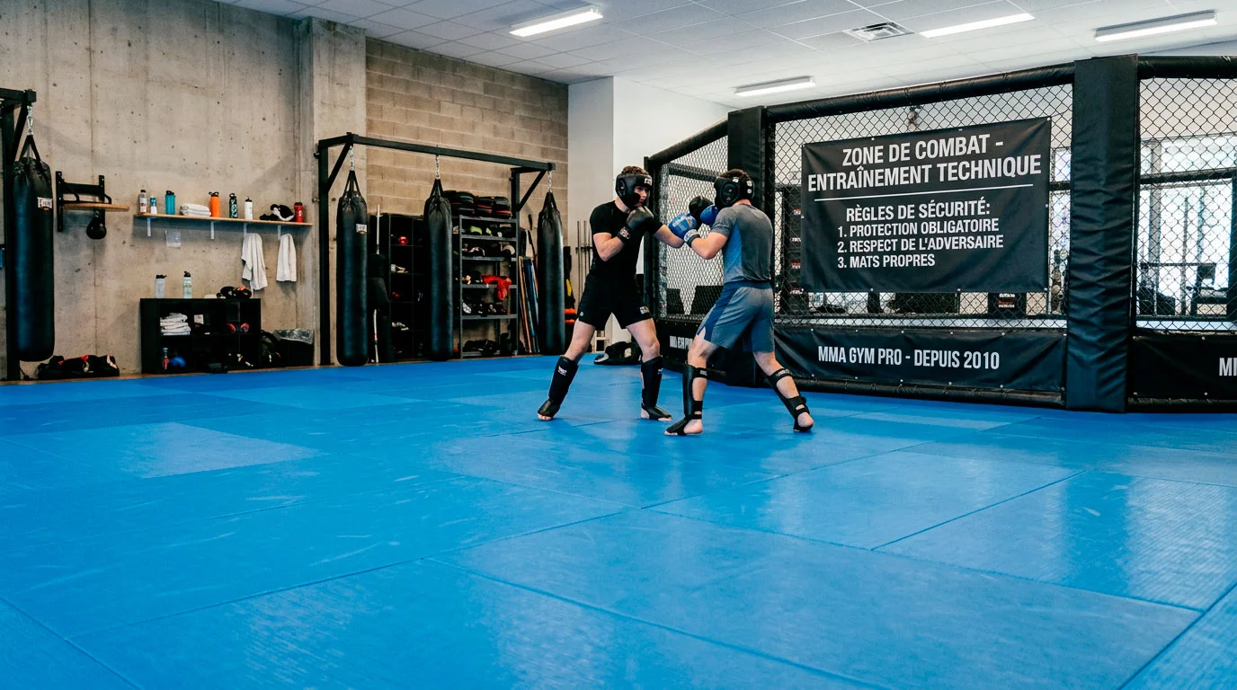 Zone de sparring dans une salle MMA avec tapis propres et éclairage professionnel