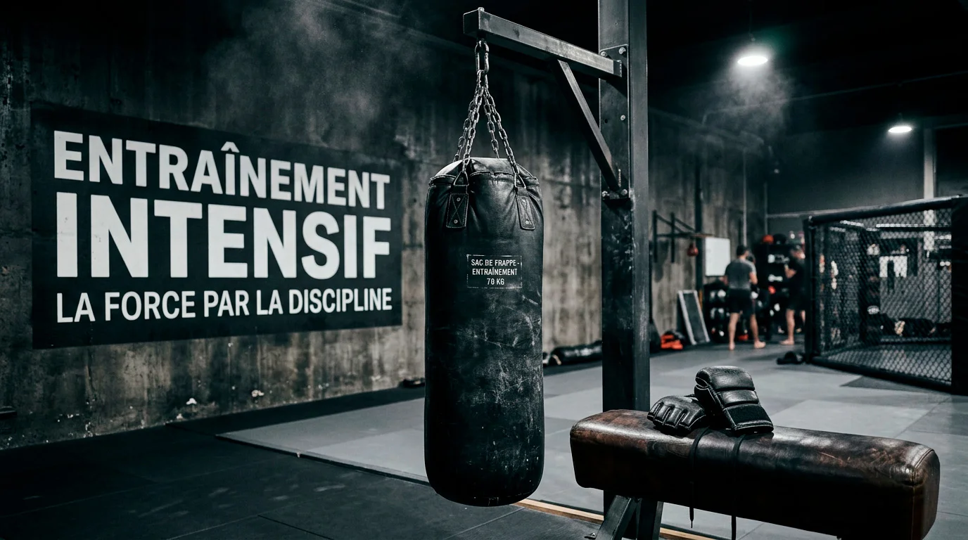 Sac de frappe lourd dans une salle d'entraînement MMA avec gants posés à côté