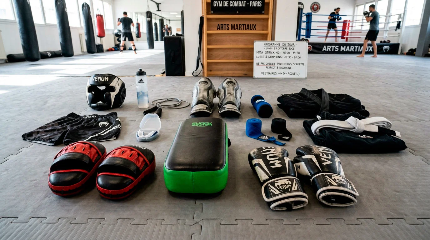 Équipement d'entraînement MMA varié illustrant la polyvalence des poids moyens
