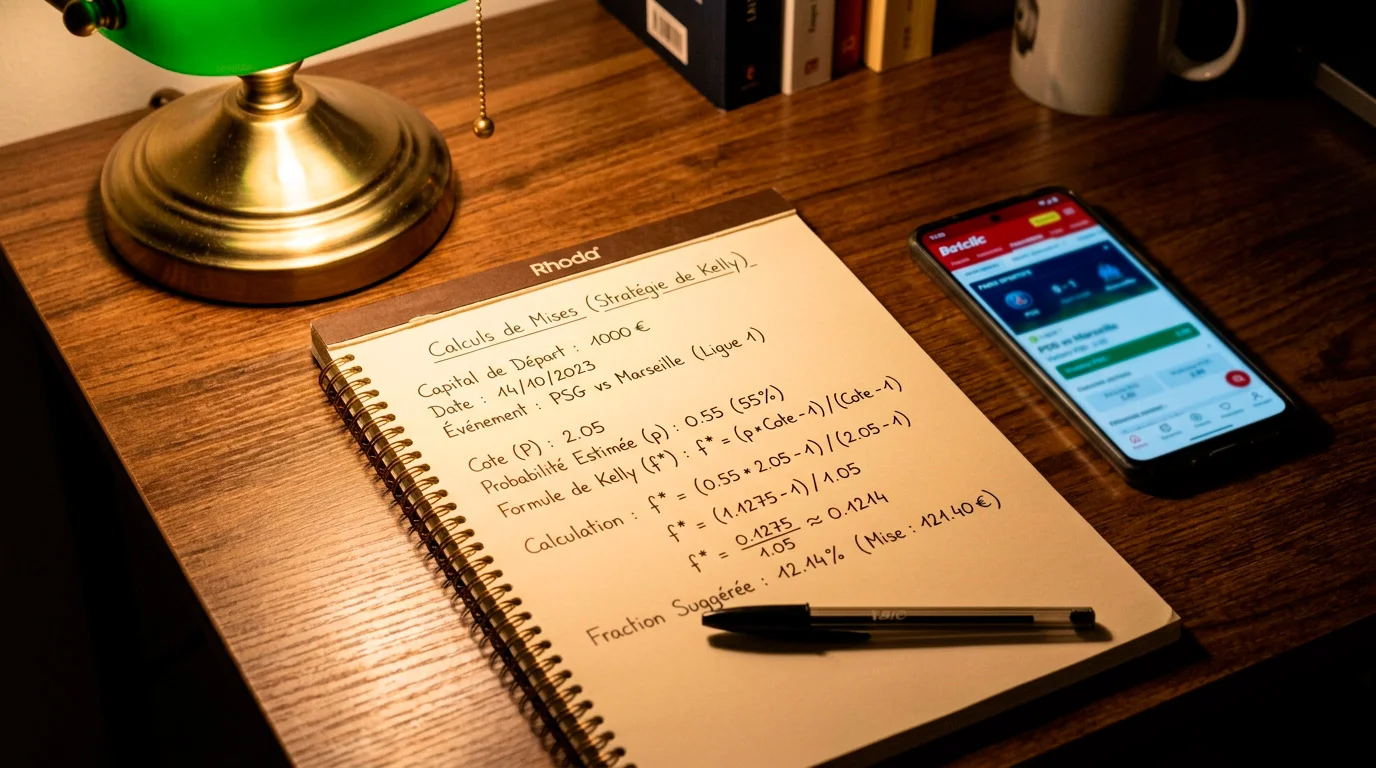 Calcul du montant de mise en pourcentage fixe sur un bloc-notes à côté d'un smartphone