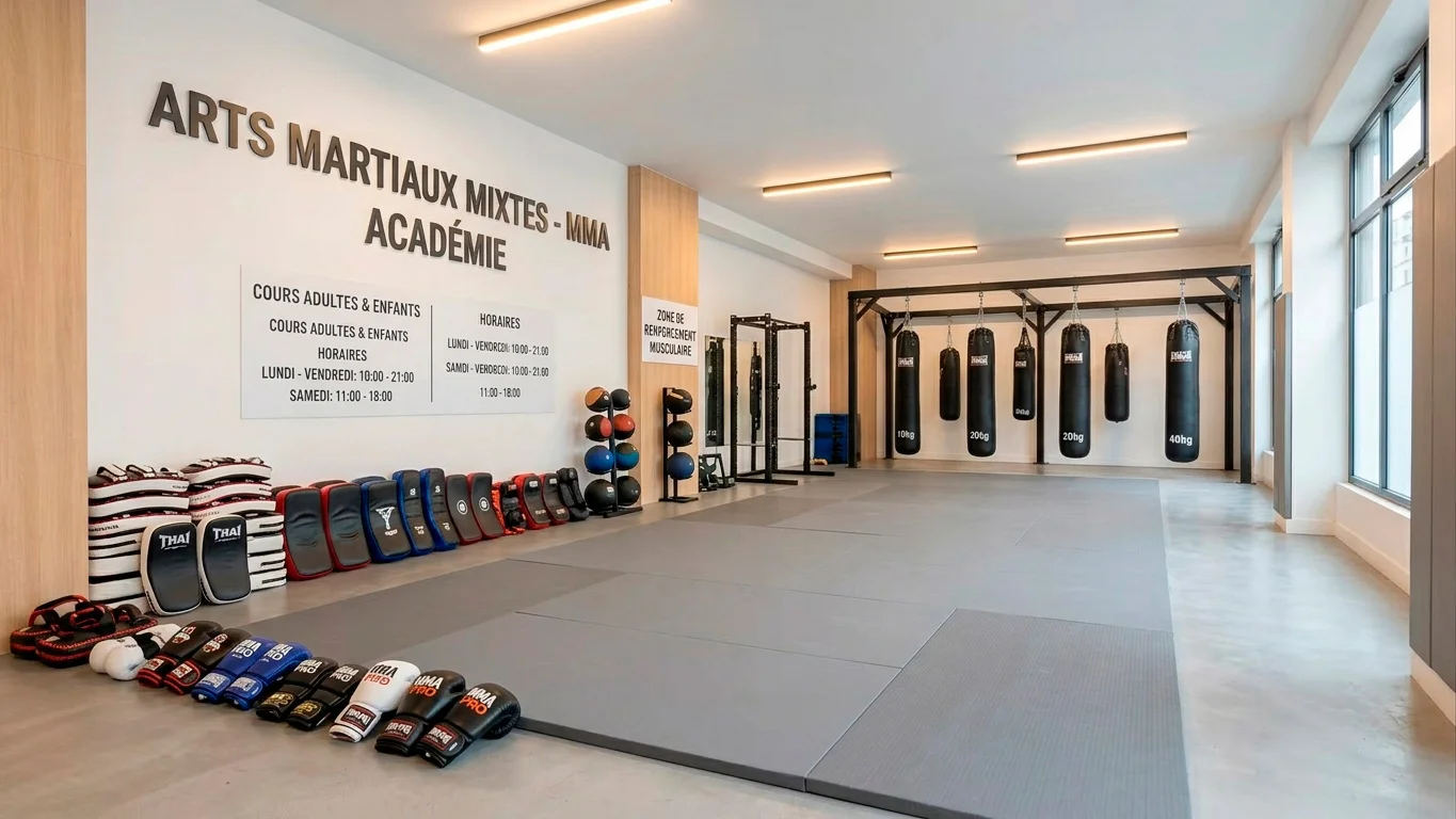 Salle d'entraînement MMA en France avec tapis et équipement