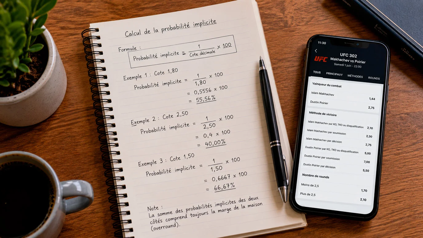 Bloc-notes avec calcul de probabilité implicite à partir d'une cote décimale UFC