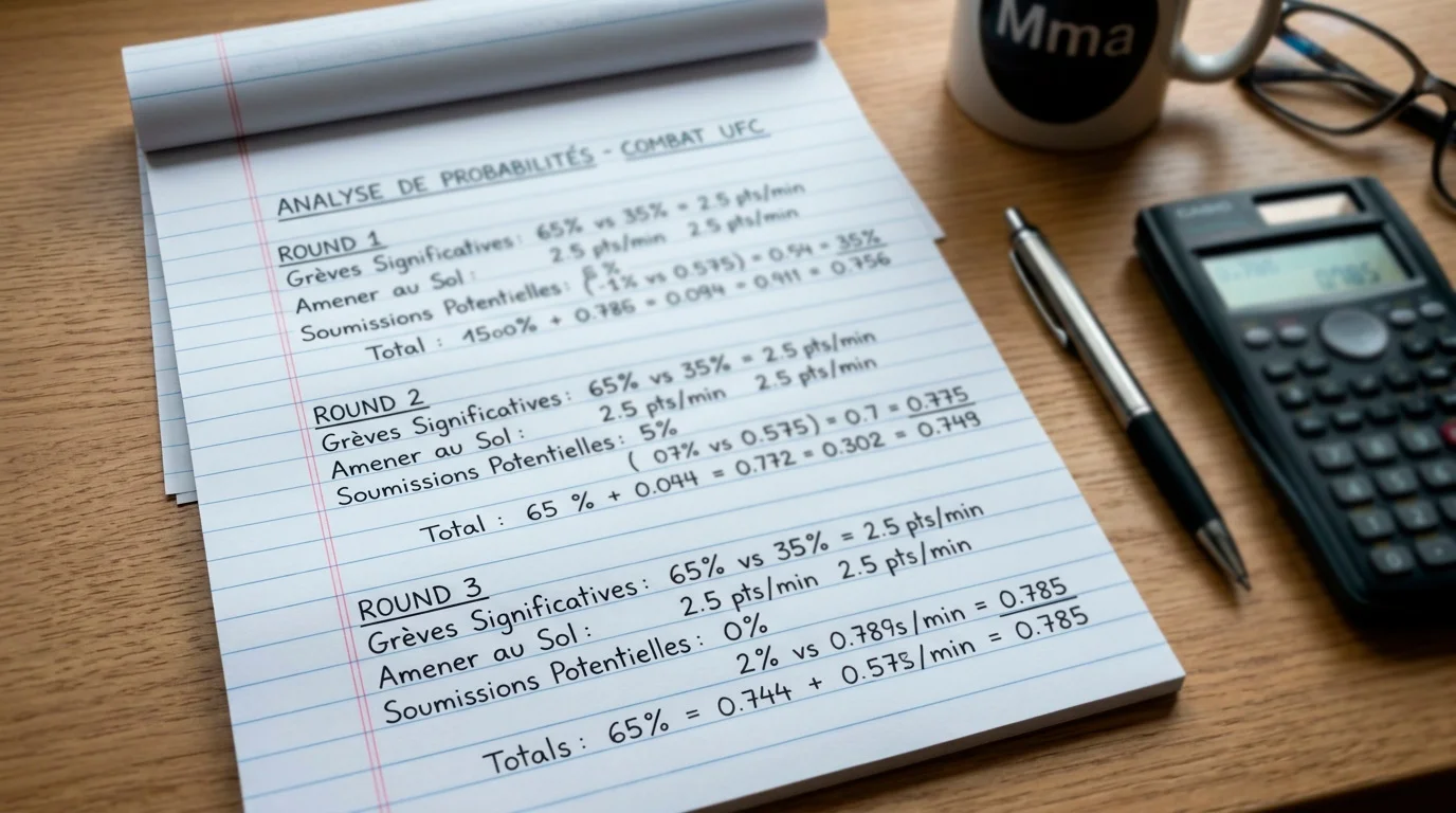 Bloc-notes avec probabilités calculées pour chaque round d'un combat UFC