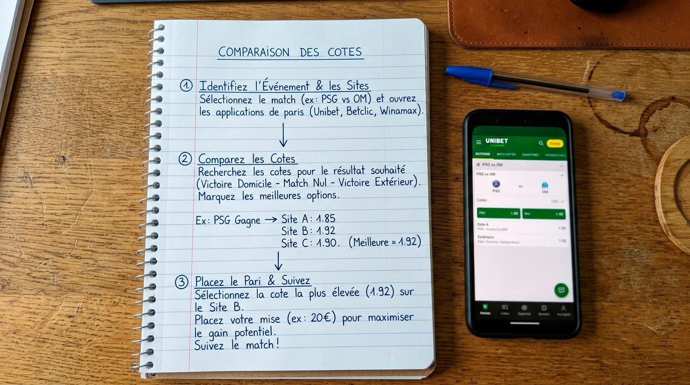 Bloc-notes avec un processus en trois étapes pour comparer les cotes UFC