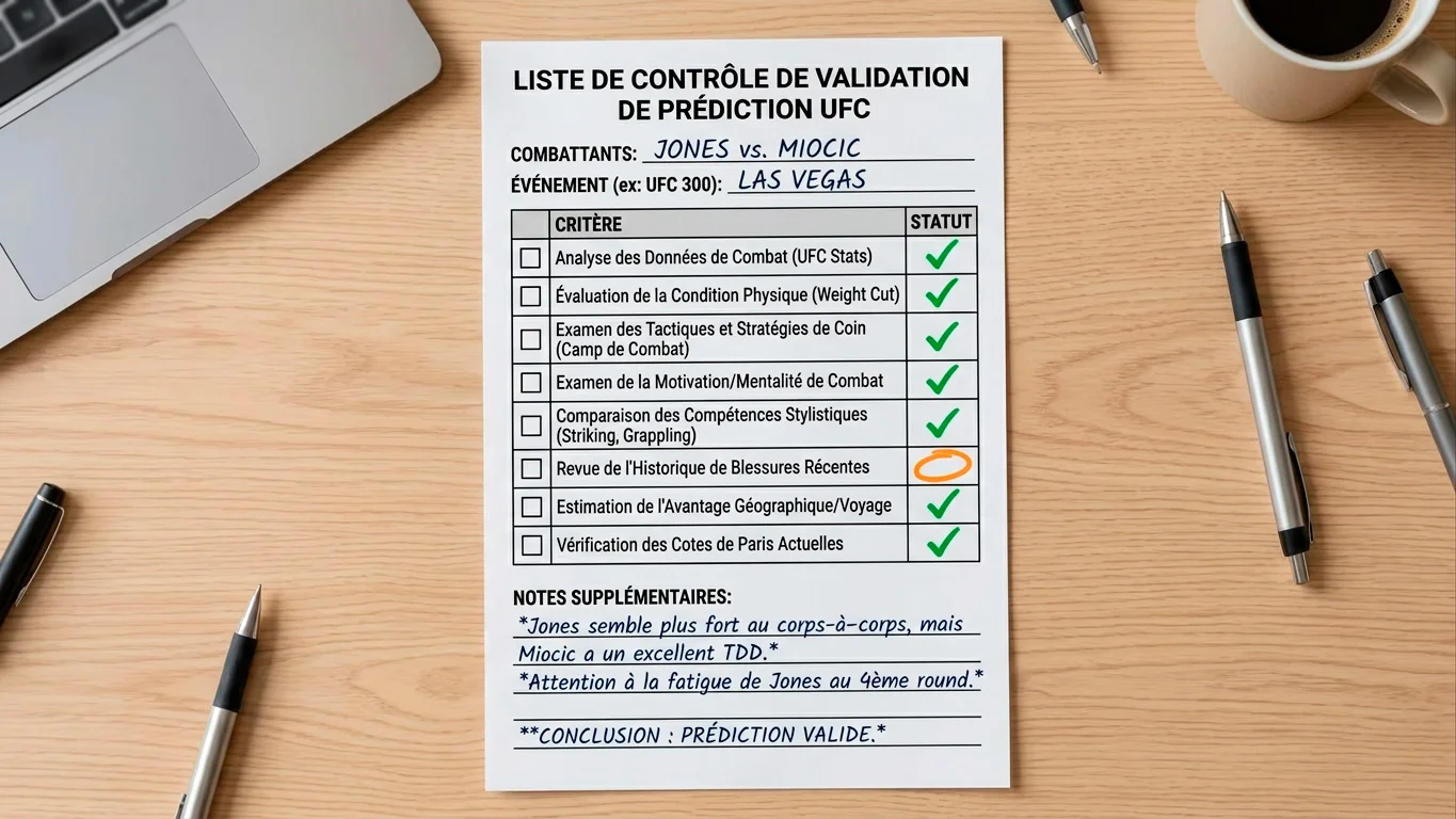 Check-list de validation d'un pronostic UFC avec critères objectifs