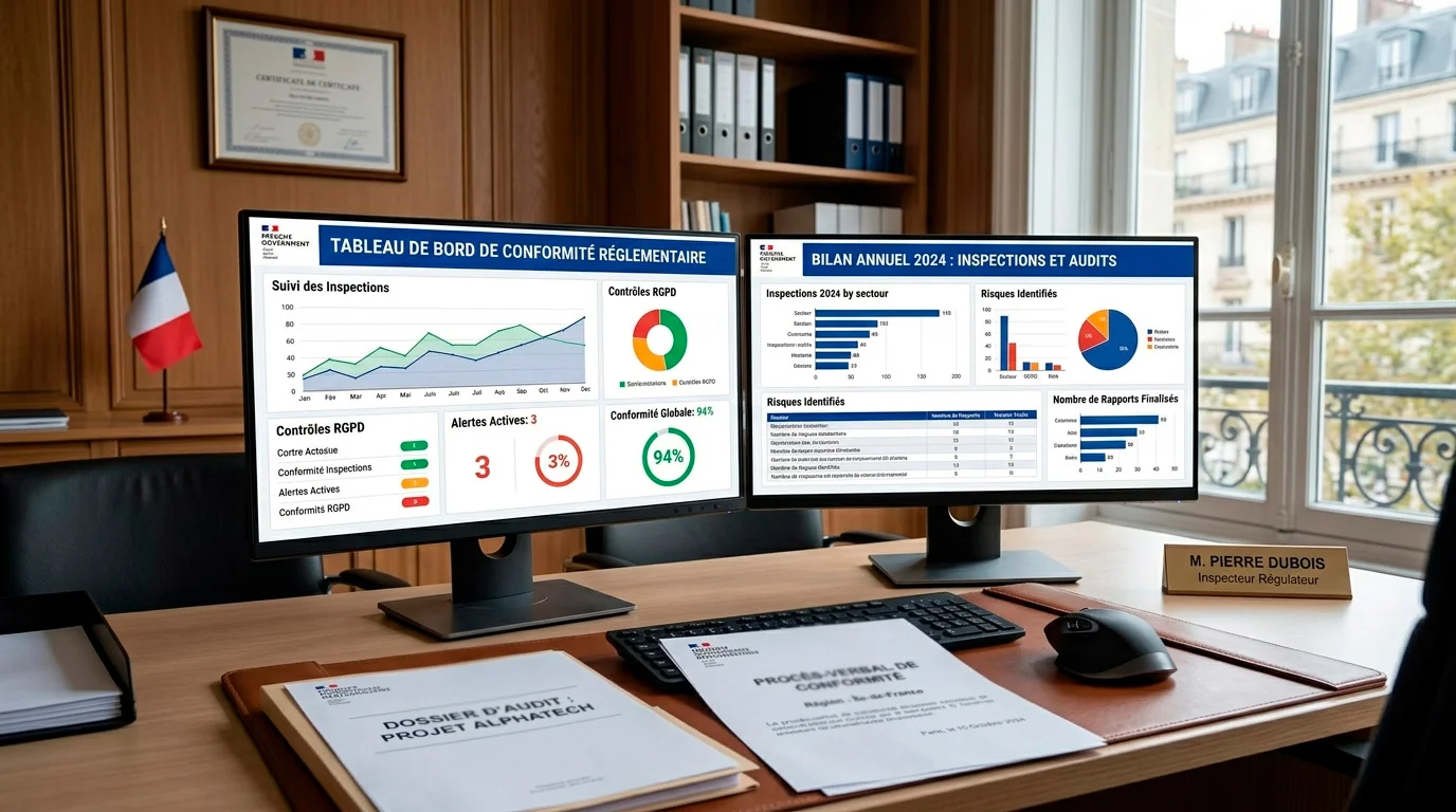 Bureau d'un régulateur avec écrans de surveillance et documents réglementaires