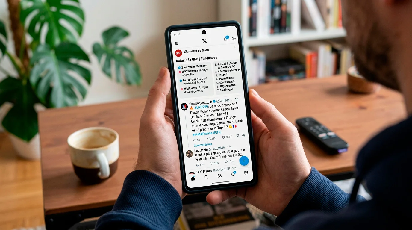 Smartphone affichant des discussions sur les combats UFC sur les réseaux sociaux