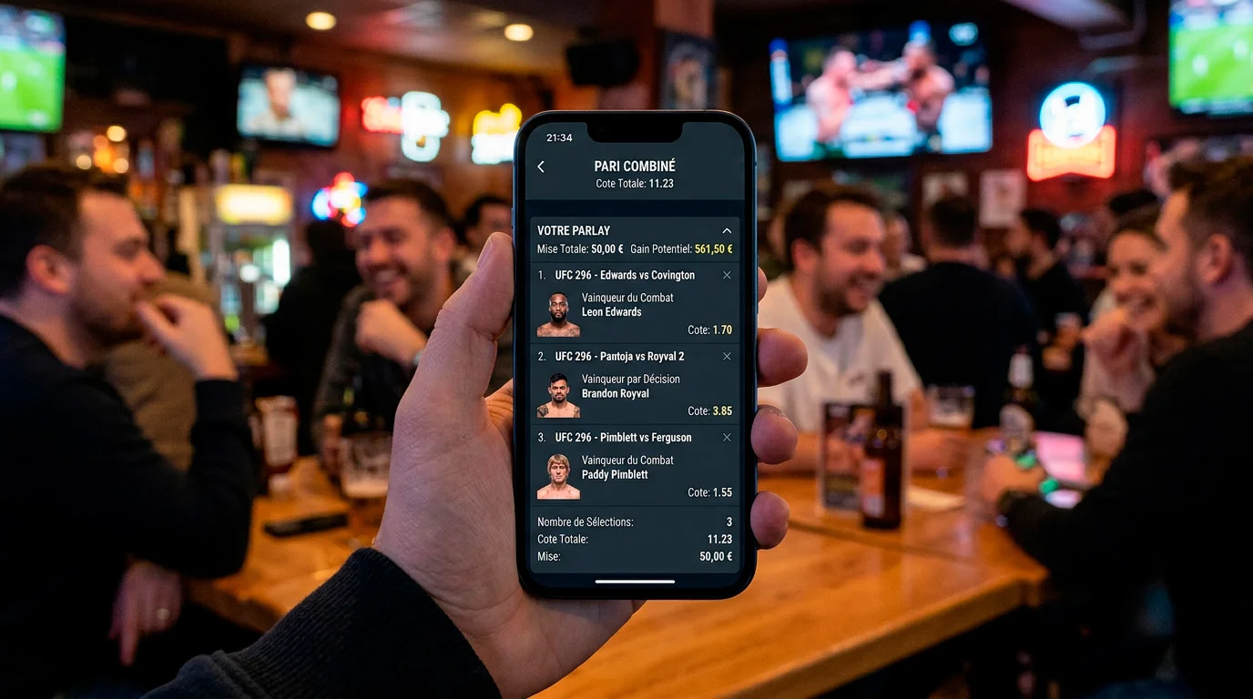 Écran de smartphone montrant un coupon de parlay UFC avec trois sélections