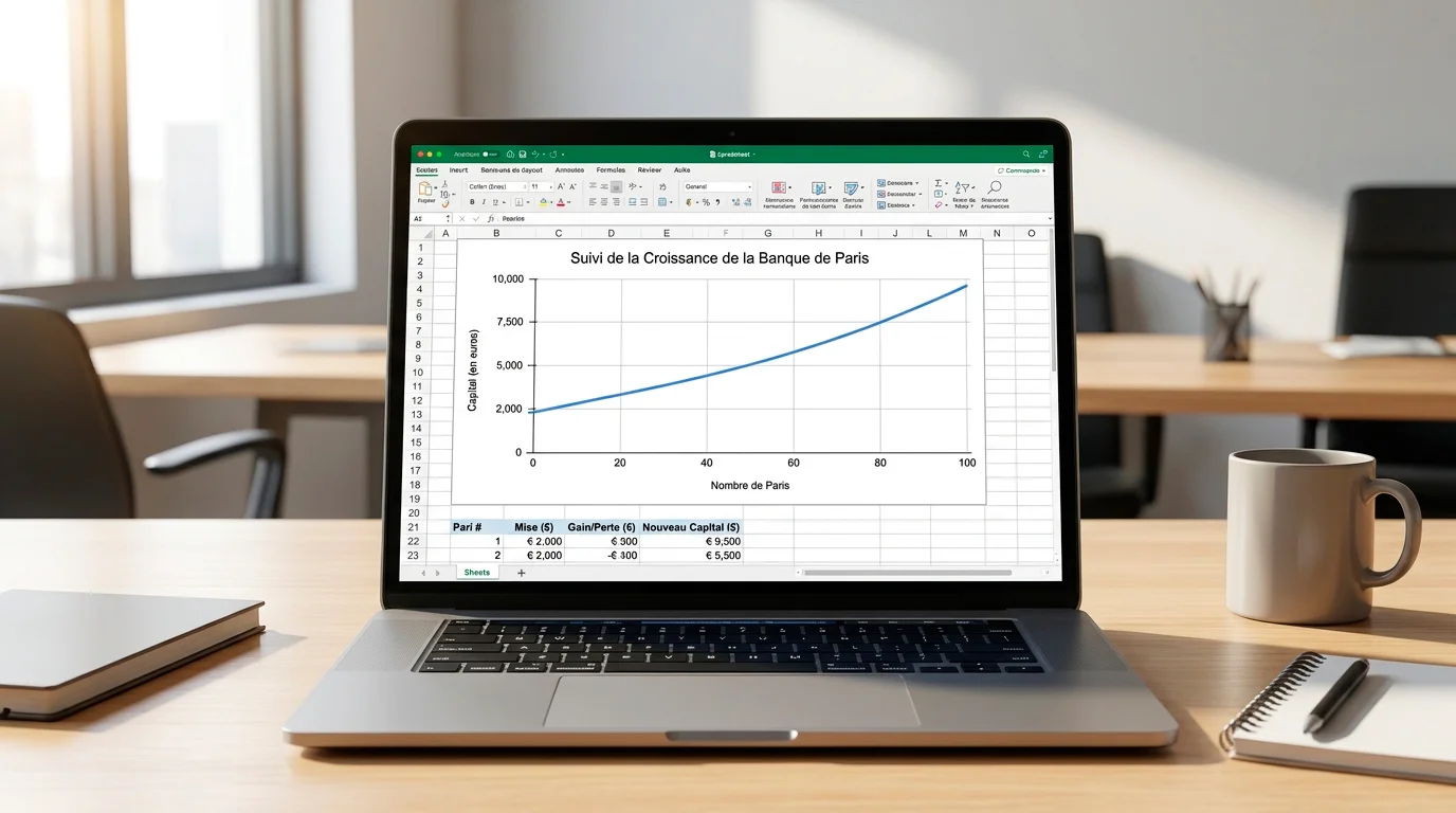 Graphique simple montrant l'évolution d'un bankroll sur 100 paris avec gestion disciplinée