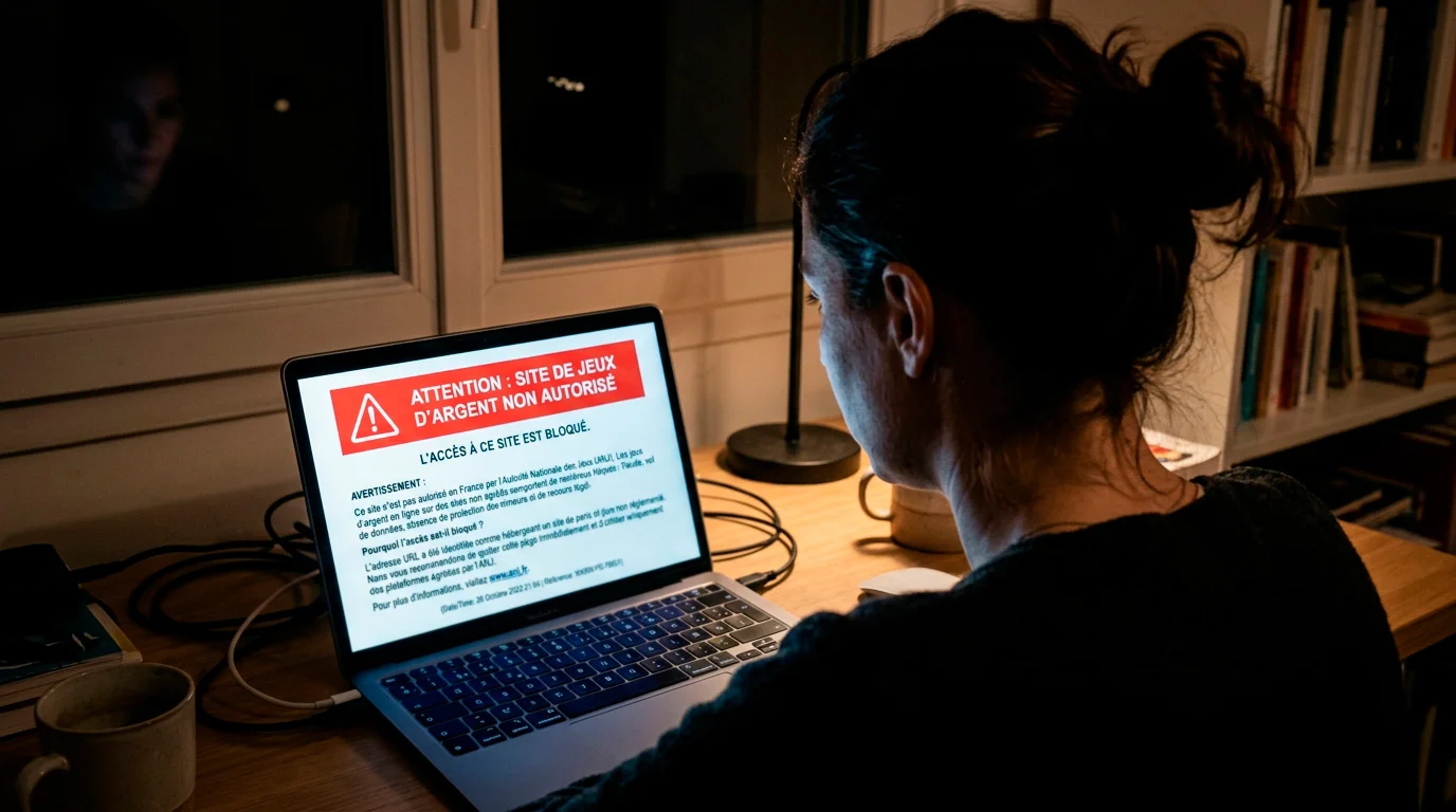 Écran d'ordinateur avec un message d'alerte concernant un site de paris non autorisé