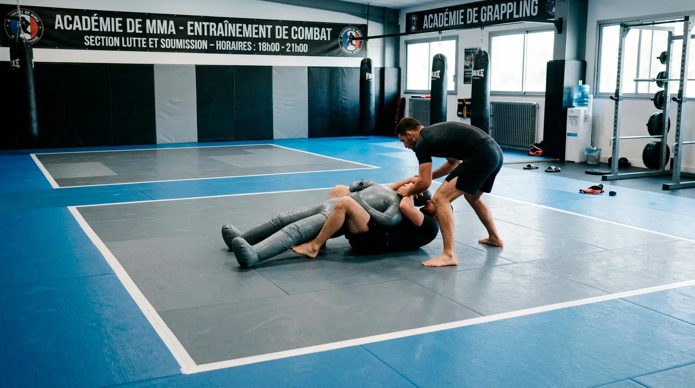 Tatami de grappling dans une salle d'entraînement MMA avec équipement de soumission
