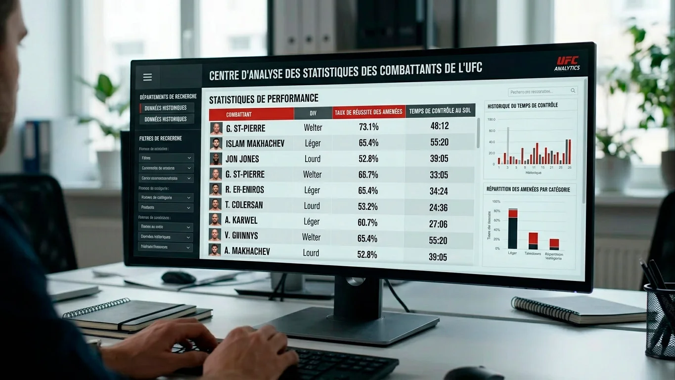Écran affichant les statistiques de takedowns et de contrôle au sol d'un combattant
