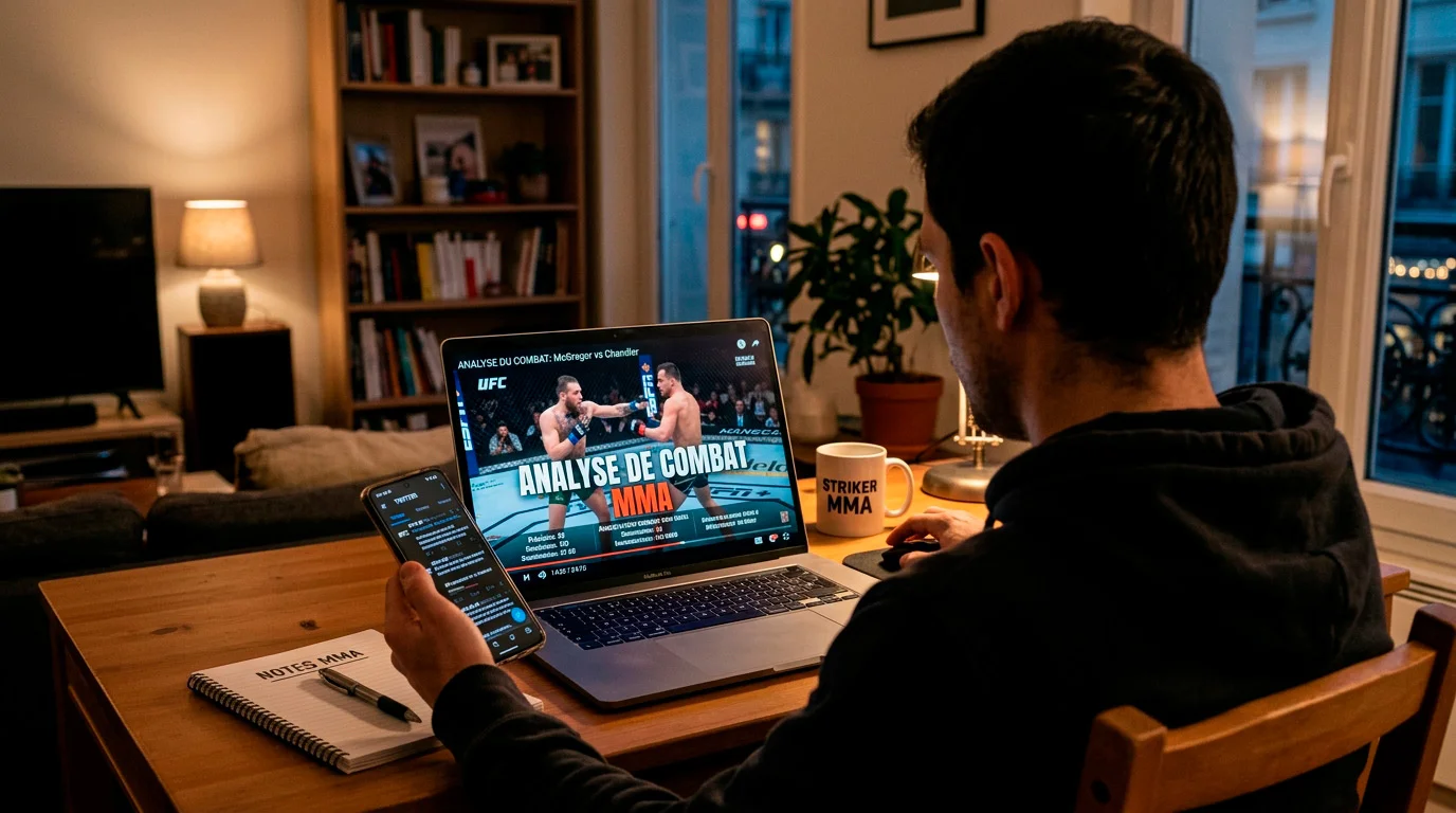 Parieur analysant un combat UFC sur son smartphone avant d'utiliser un freebet