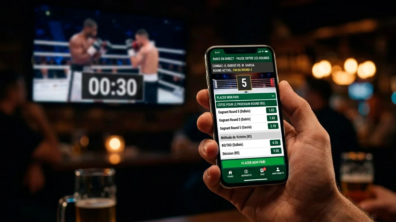 Smartphone avec application de paris pendant une pause entre deux rounds