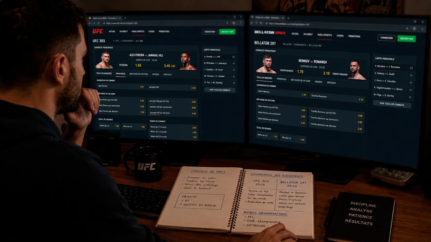 Parieur consultant plusieurs organisations MMA sur différents onglets