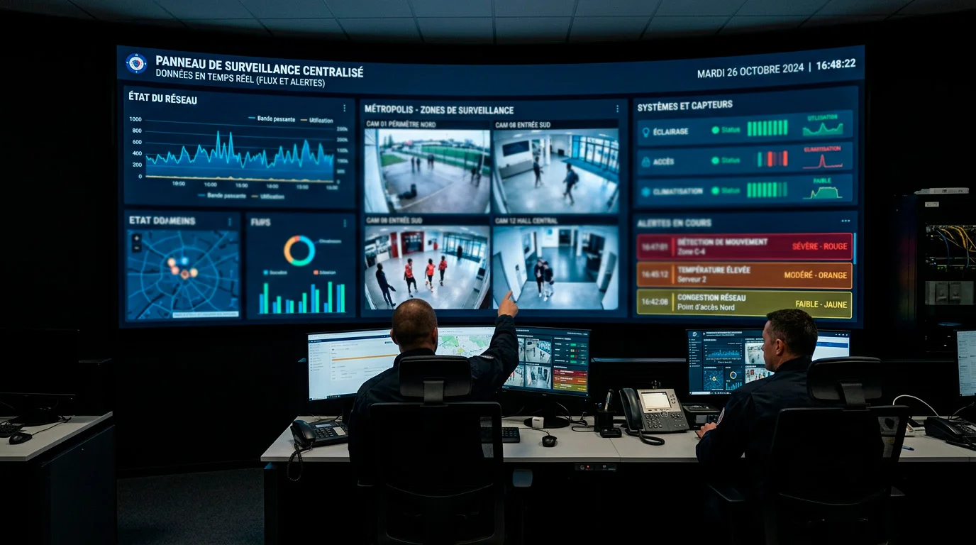 Écran de contrôle affichant un tableau de bord de surveillance des flux de paris