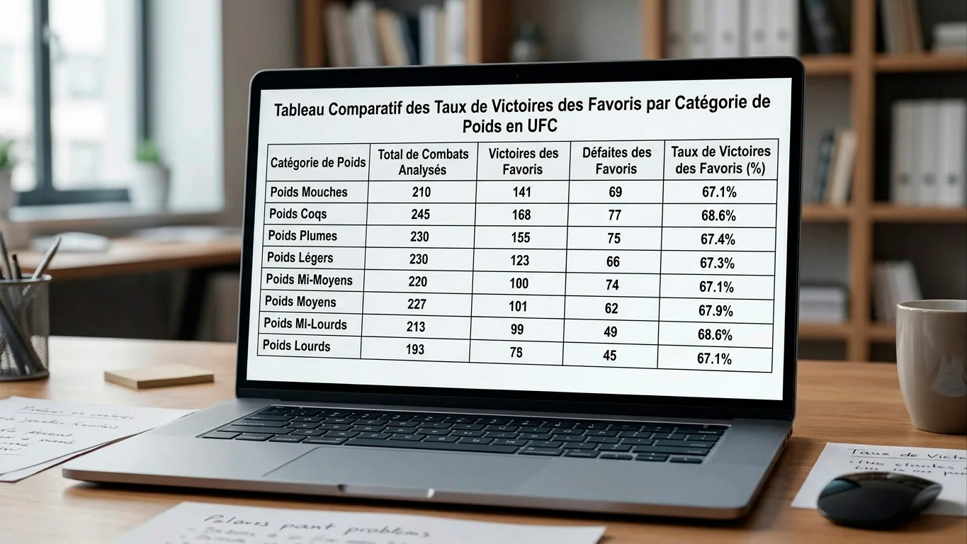 Tableau comparatif des taux de victoire des favoris par catégorie de poids UFC