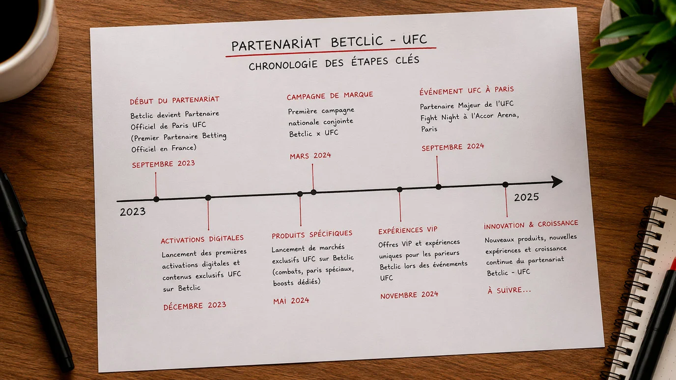 Bloc-notes avec la chronologie du partenariat Betclic-UFC depuis 2023