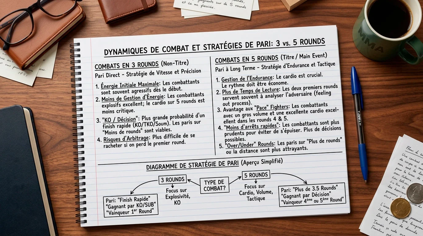 Comparaison visuelle entre combats en 3 rounds et combats en 5 rounds sur un bloc-notes