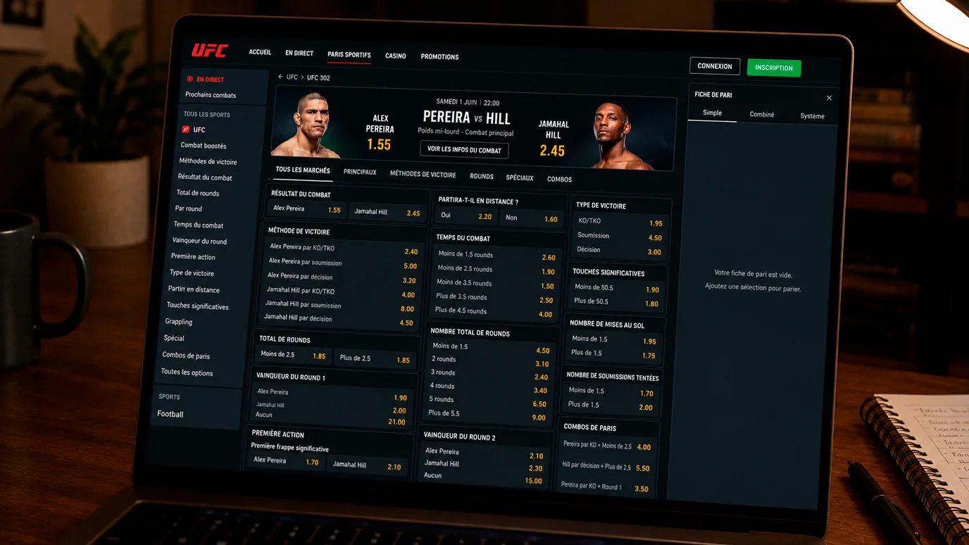 Écran de bookmaker montrant la profondeur des marchés UFC avec nombreuses options de paris