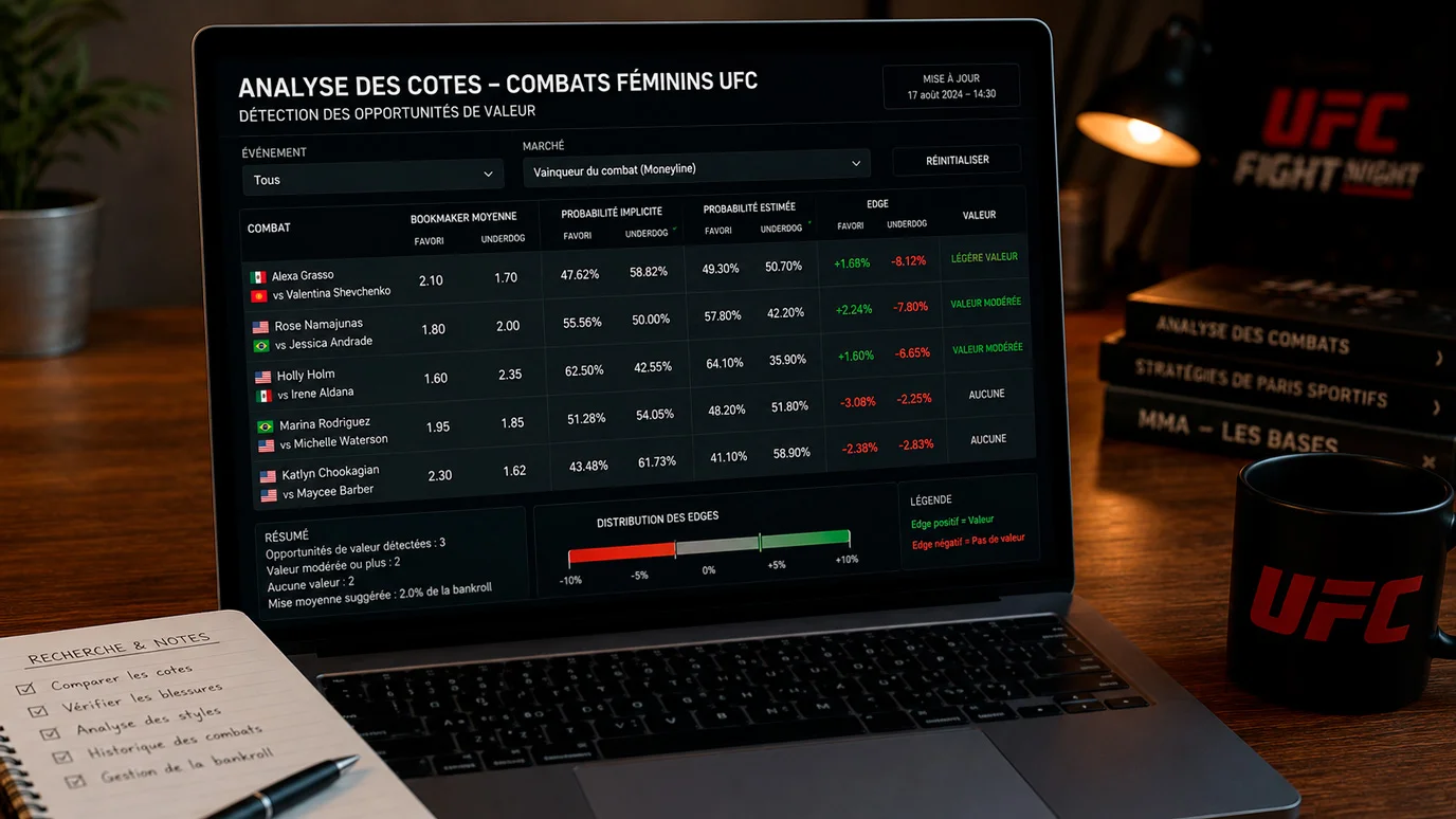 Écran d'analyse montrant des cotes potentiellement sous-évaluées sur des combats féminins UFC