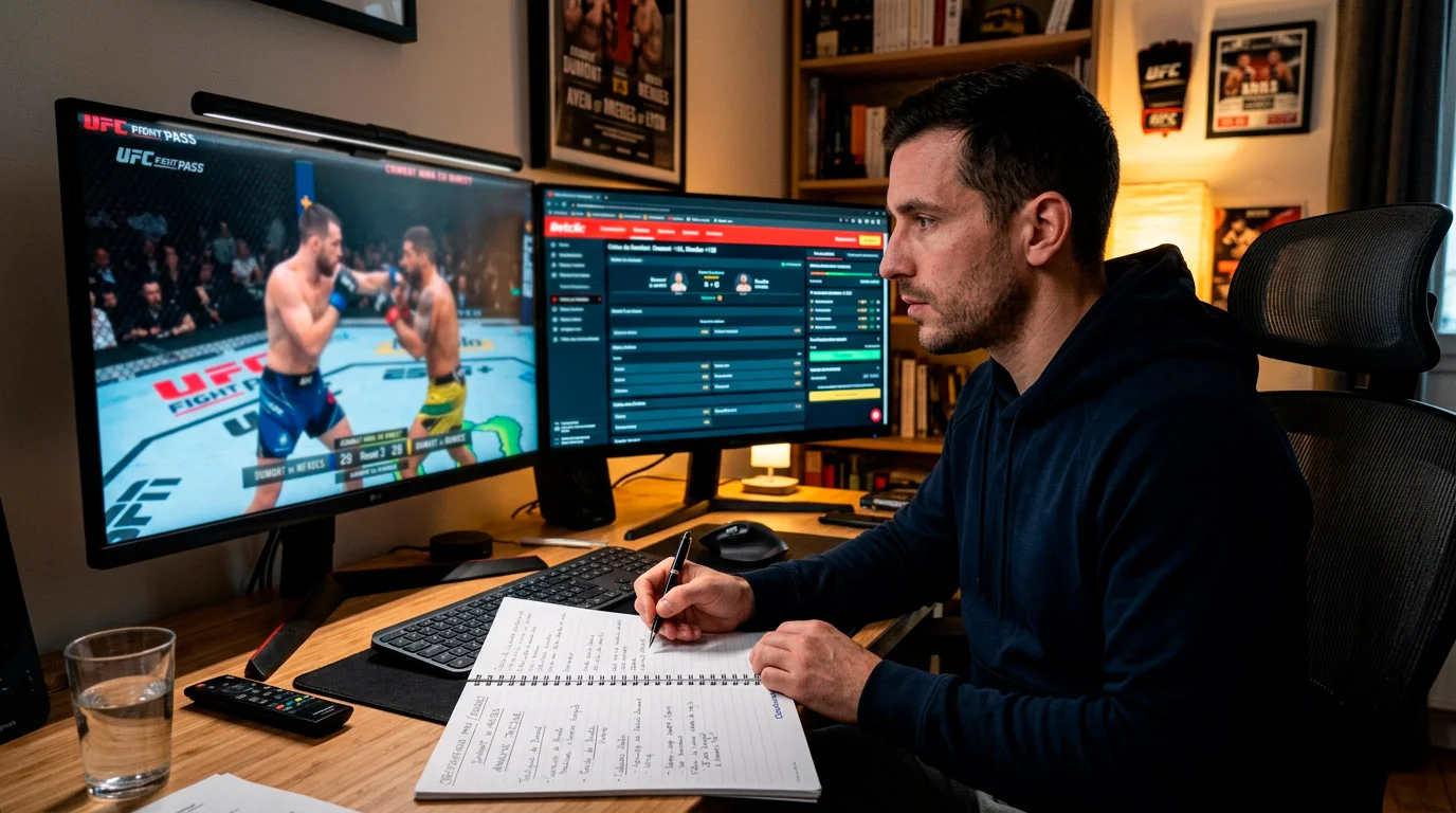 Parieur attentif regardant un combat MMA en analysant les mouvements